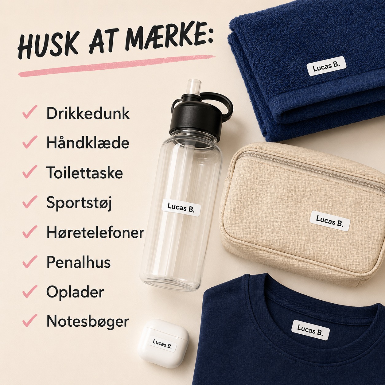 EFTERSKOLESTART 👀
Der er mange ting at holde styr på, når taskerne skal pakkes og flyttes ud på efterskolerne om ca. 3 uger. 📘
Prik til en efterskoleelev, så de kan få styr på opmærkningen - lige om lidt skal de bruges. 🎒
Rigtig god sommer derude! ☀️